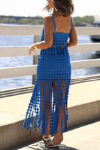 Caitlin See Through Circle Embroidery Elastic Waist Tassle Hem Maxi Skirt