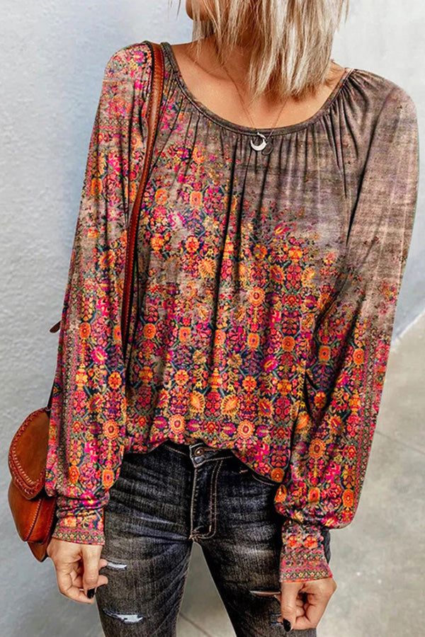 Floral long-sleeved round neck T-shirt bottoming shirt