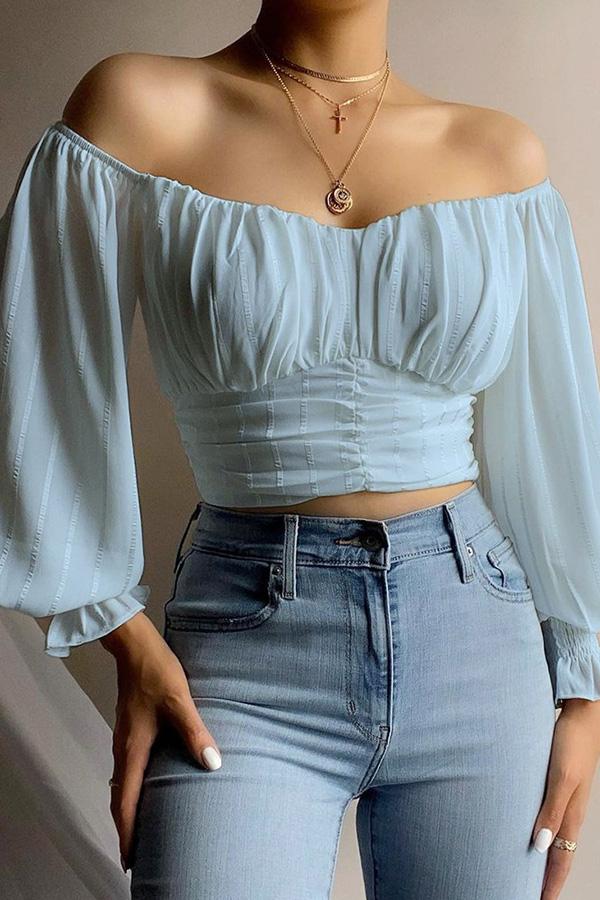 Off Shoulder Ruched Lantern Sleeve Crop Top