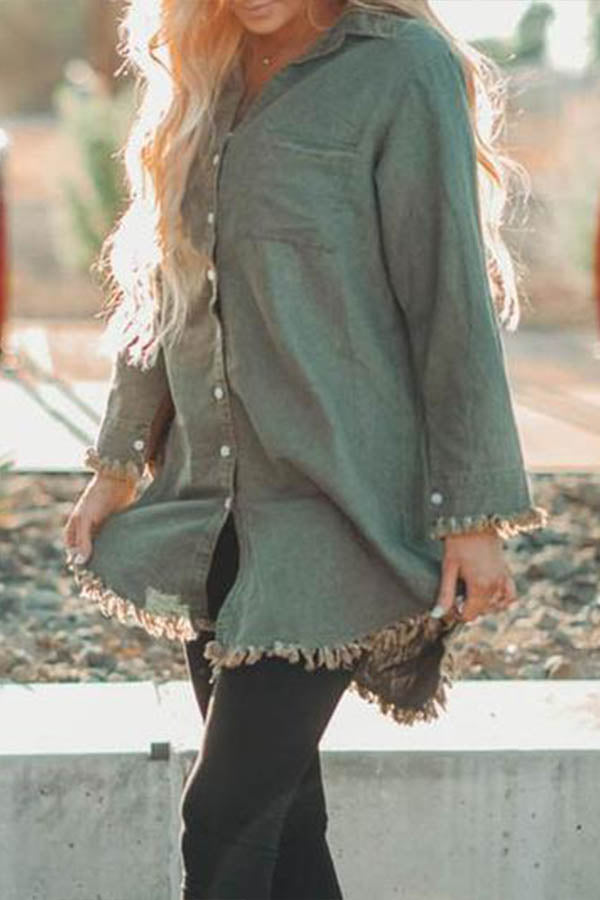 Denim Jean Frayed Button Up Shacket