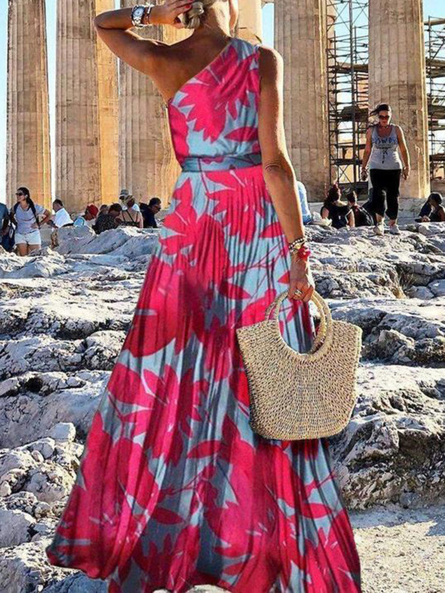 One-shoulder Leaf Print Maxi Dress