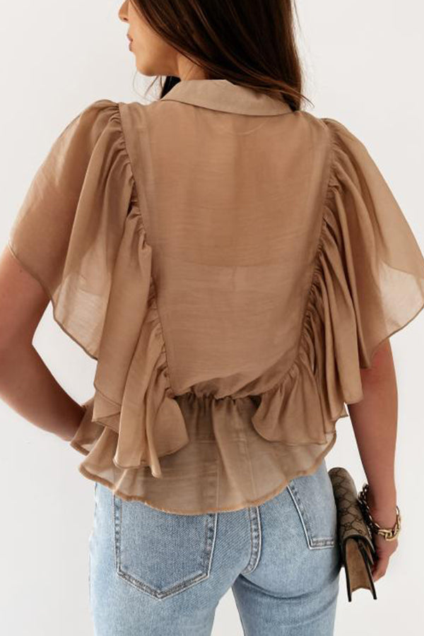 Solid Color Tie Neck Ruffle Trim Blouse
