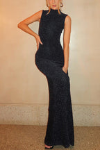 Slim High-neck Spliced Ribbon Shiny Maxi Dress