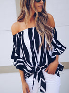 Off-the-shpulder Striped Loose Chiffon Top