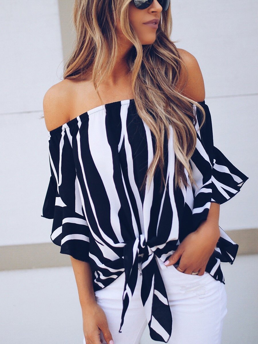 Off-the-shpulder Striped Loose Chiffon Top