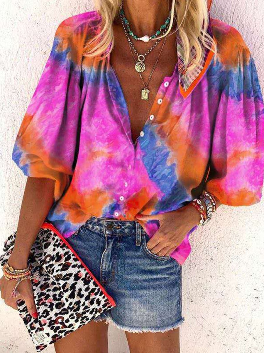 Tie-dye Printed Long Sleeve V-neck button Blouse