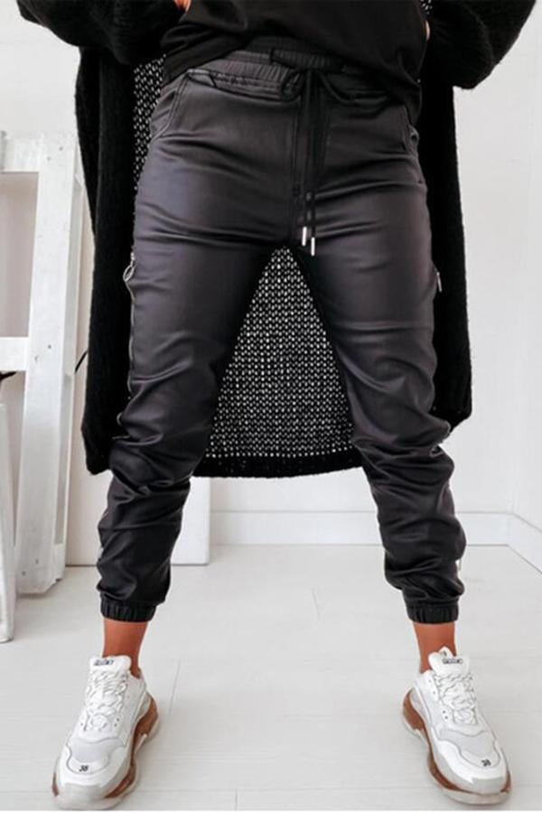 Zipper Design Drawstring Ruched PU Pants