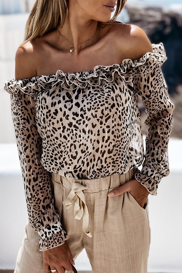 Leopard Print Off Shoulder Ruffle Blouse