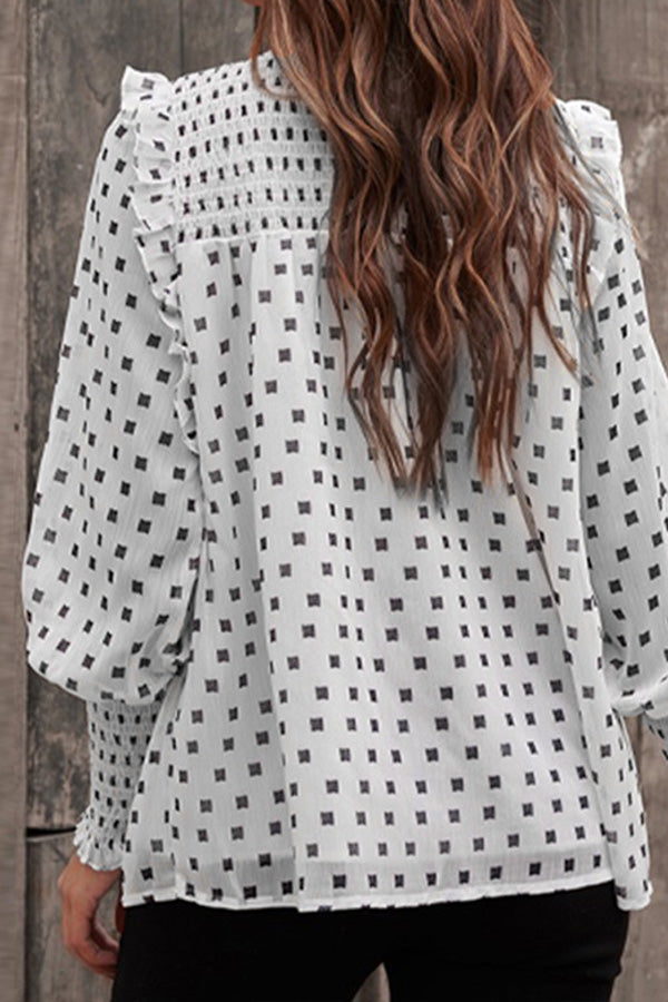 Polka dot chiffon shirt with ruffled lantern sleeves
