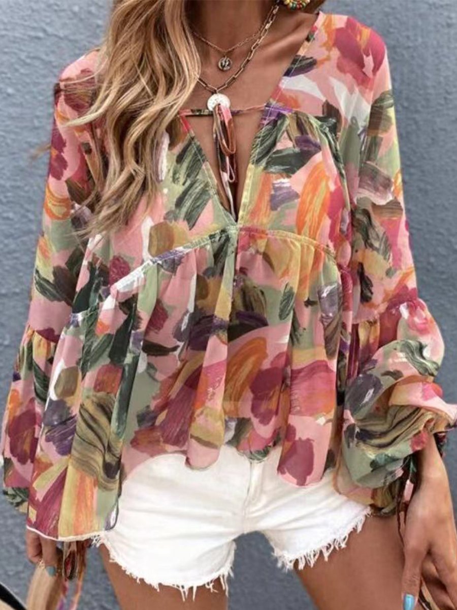 V-neck Long Bat Sleeve Print Blouse