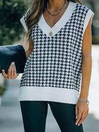 Houndstooth V-neck Knit Loose Vest