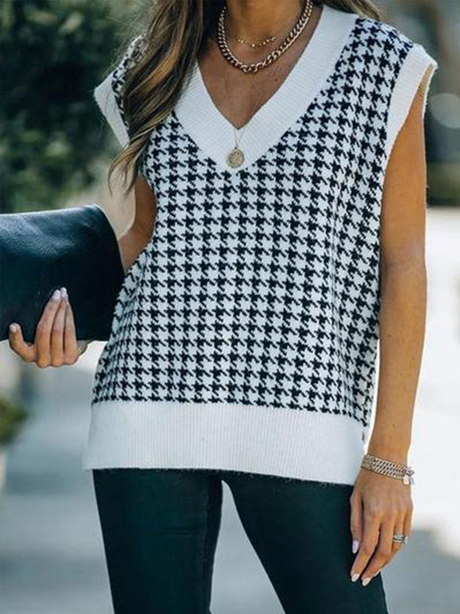 Houndstooth V-neck Knit Loose Vest