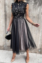 Lace Stitching Mesh Sleeveless Midi Dress