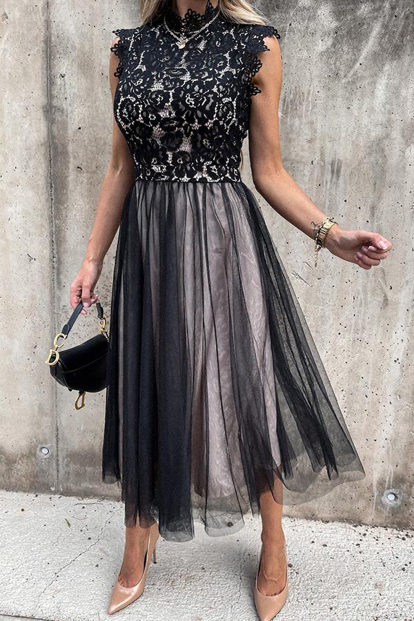 Lace Stitching Mesh Sleeveless Midi Dress