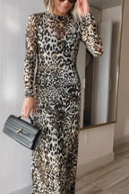 Wild As They Come Mesh Leopard Long Sleeve Stretch Maxi Dress