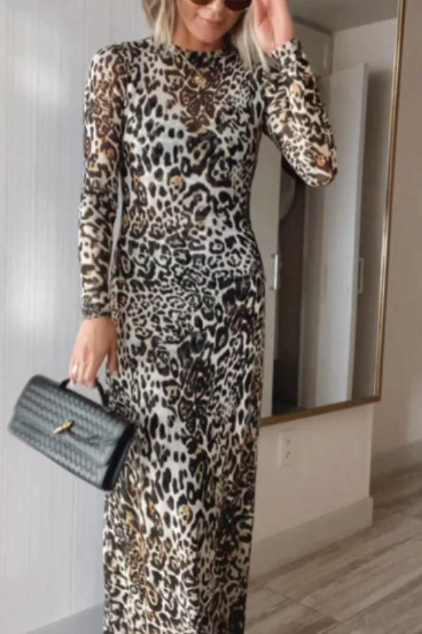 Wild As They Come Mesh Leopard Long Sleeve Stretch Maxi Dress