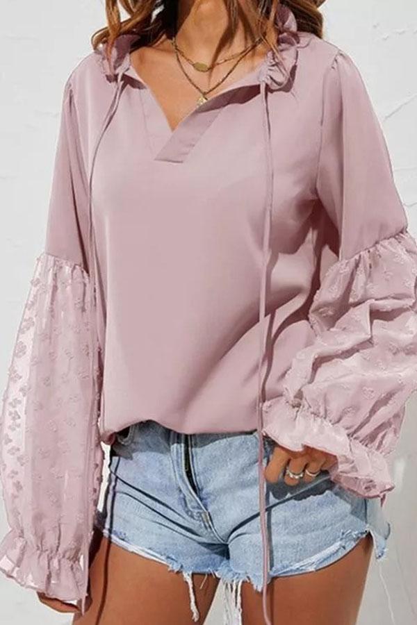 Solid V-Neck Long Sleeves Casual Blouses