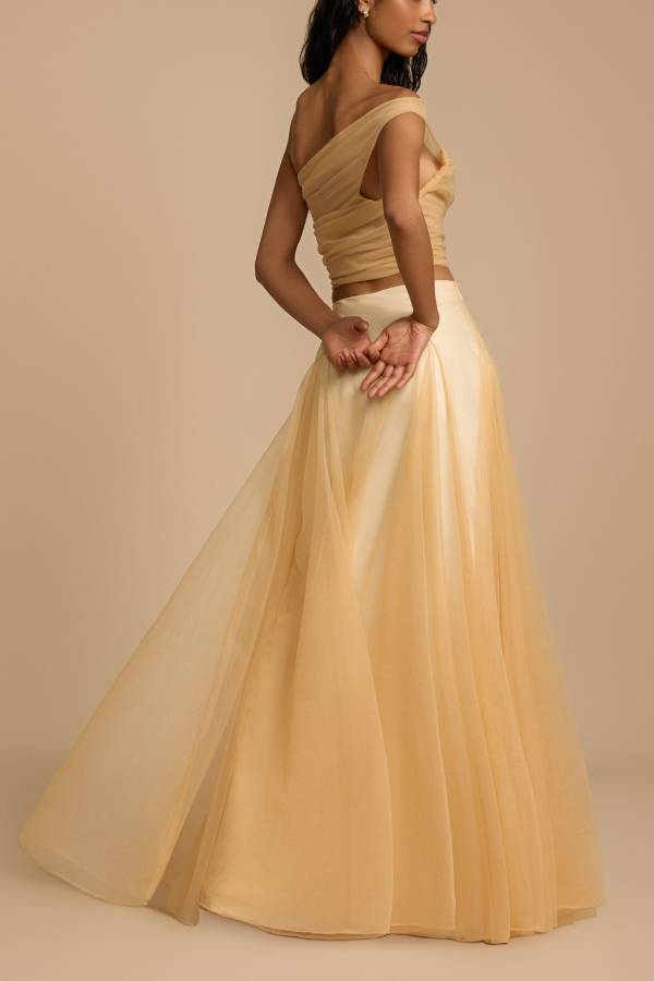 Romance Factor Satin Patchwork Tulle High Rise Elastic Waist A-line Maxi Skirt