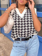 Houndstooth V-neck Knit Loose Vest