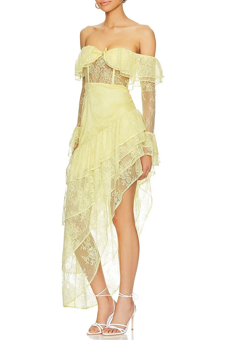 Off Shoulder Long Sleeve Flounce Mesh Patchwork Tiered Irregular Hem Garden Party Mini Dresses-Yellow