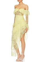 Off Shoulder Long Sleeve Flounce Mesh Patchwork Tiered Irregular Hem Garden Party Mini Dresses-Yellow