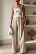 Angie Linen Blend High Rise Elastic Waist Pocket Wide Leg Pants