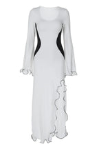 Wavy Trim Bell Sleeve Slim Fit High Slit Colorblock Maxi Dresses-White
