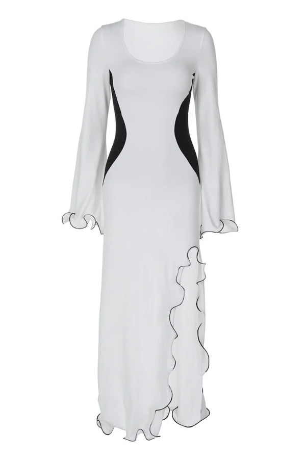Wavy Trim Bell Sleeve Slim Fit High Slit Colorblock Maxi Dresses-White