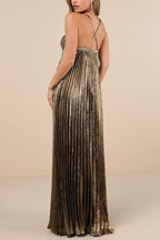Queen Style Metallic Fabric Cross Neck Cutout Slit Pleated Maxi Dress