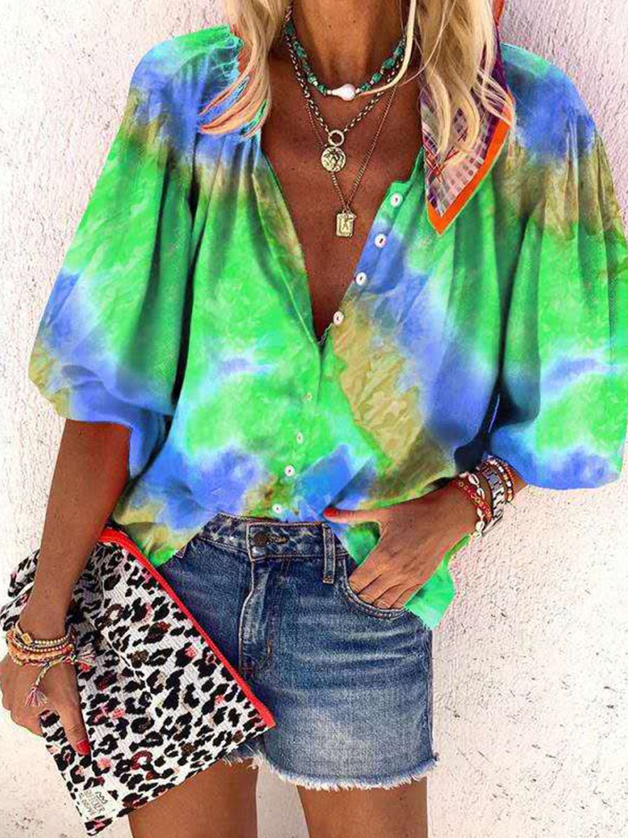 Tie-dye Printed Long Sleeve V-neck button Blouse