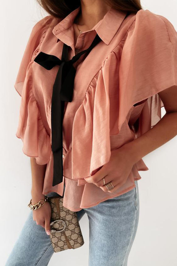 Solid Color Tie Neck Ruffle Trim Blouse