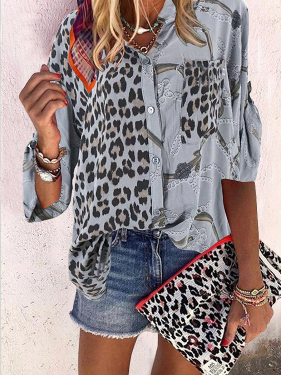 Elegant Print Leopard Buckle Shirt Collar Tops