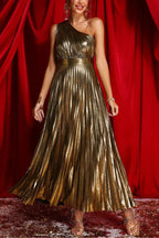 Be My Guest Metallic Fabric Pleated One Shoulder Maxi Dress