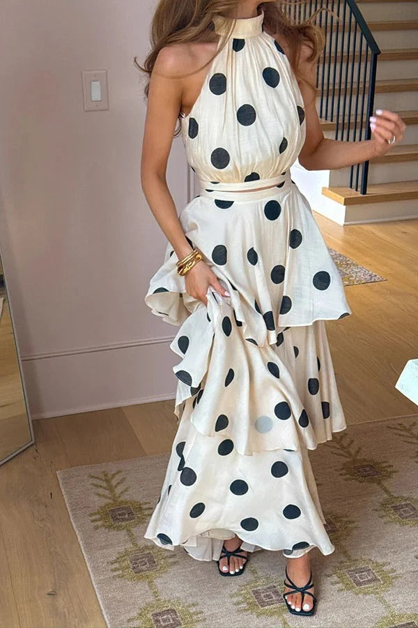 Gift To You Polka Dot Print High Rise Layered Hem Maxi Skirt