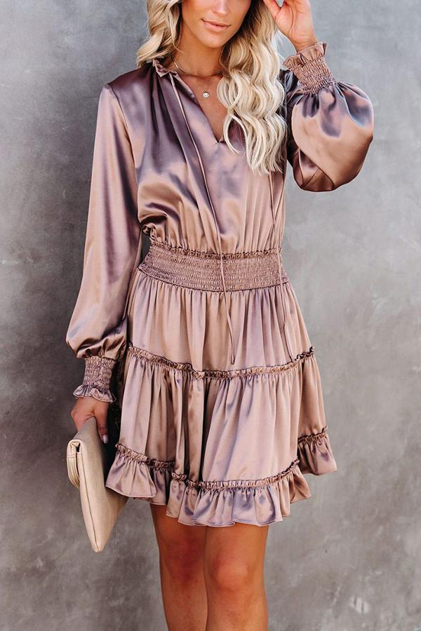 Satin Solid Color Puff Sleeve Dress