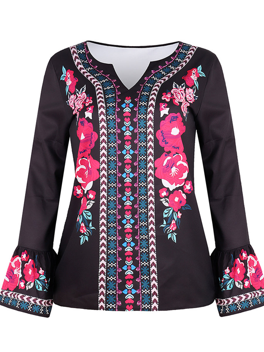Loose Ethnic Print Long-sleeved T-shirt