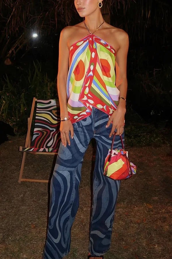 Jaida Swirl Unique Print High Rise Pocket Straight-leg Jeans