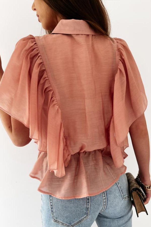 Solid Color Tie Neck Ruffle Trim Blouse