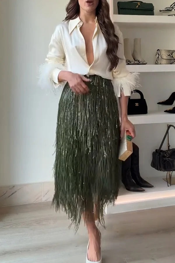 Party Crasher Layered Sequined Tassels High Rise Back Zipper Midi Skirt