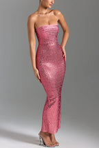 Flash Sculpture Rhinestone Embellished Bandeau Slit Stretch Maxi Dress