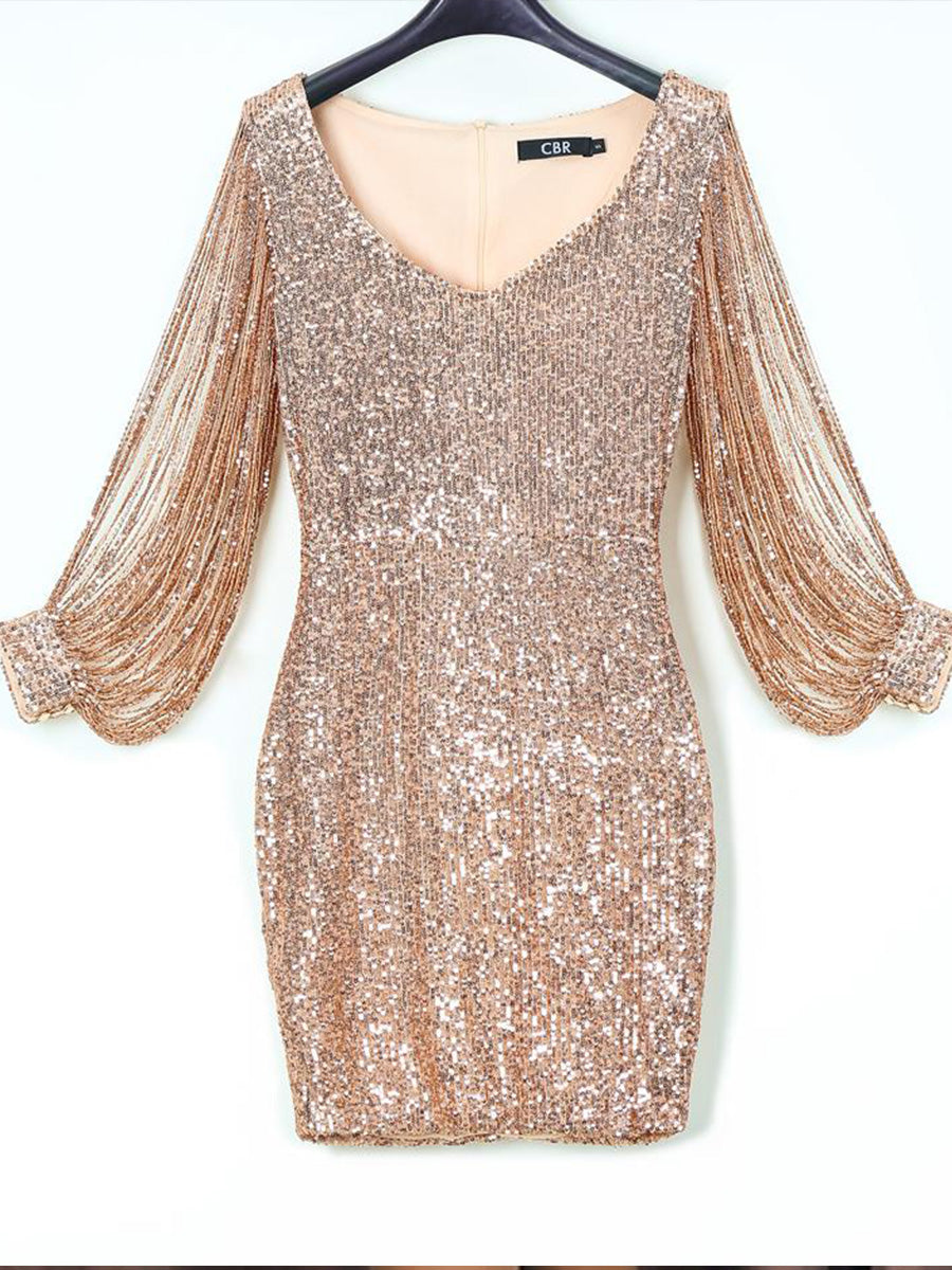 Tassels Detail Slit Sleeve Sequin Party Dress