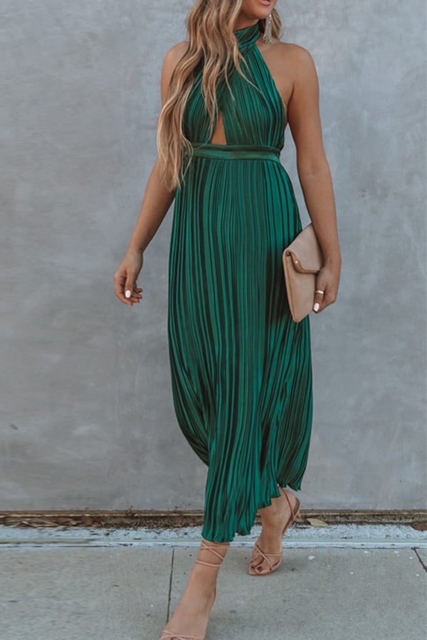 KOLLINS PLEATED HALTER MIDI DRESS - HUNTER GREEN