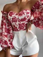 Fashion Printed Lantern Sleeve Chiffon Shirt