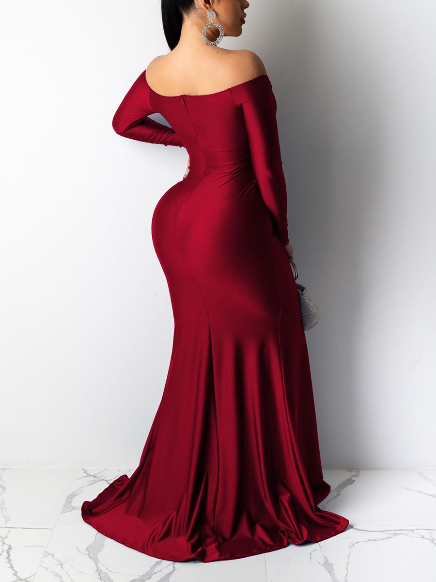 Off Shoulder Ruched Slit Evening Dress