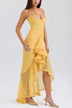 Retro Romantic Style Mesh Ruffle Trim Ruched Slit High Low Maxi Dress