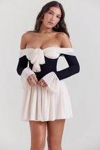 Off Shoulder Long Flare Sleeve Patchwork Knotted Pleated Hem Party Mini Dresses-White