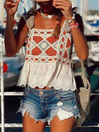 U-neck Lace Stiching Knit Beach Top