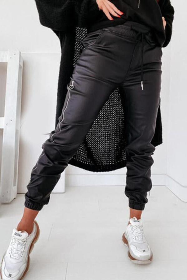 Zipper Design Drawstring Ruched PU Pants