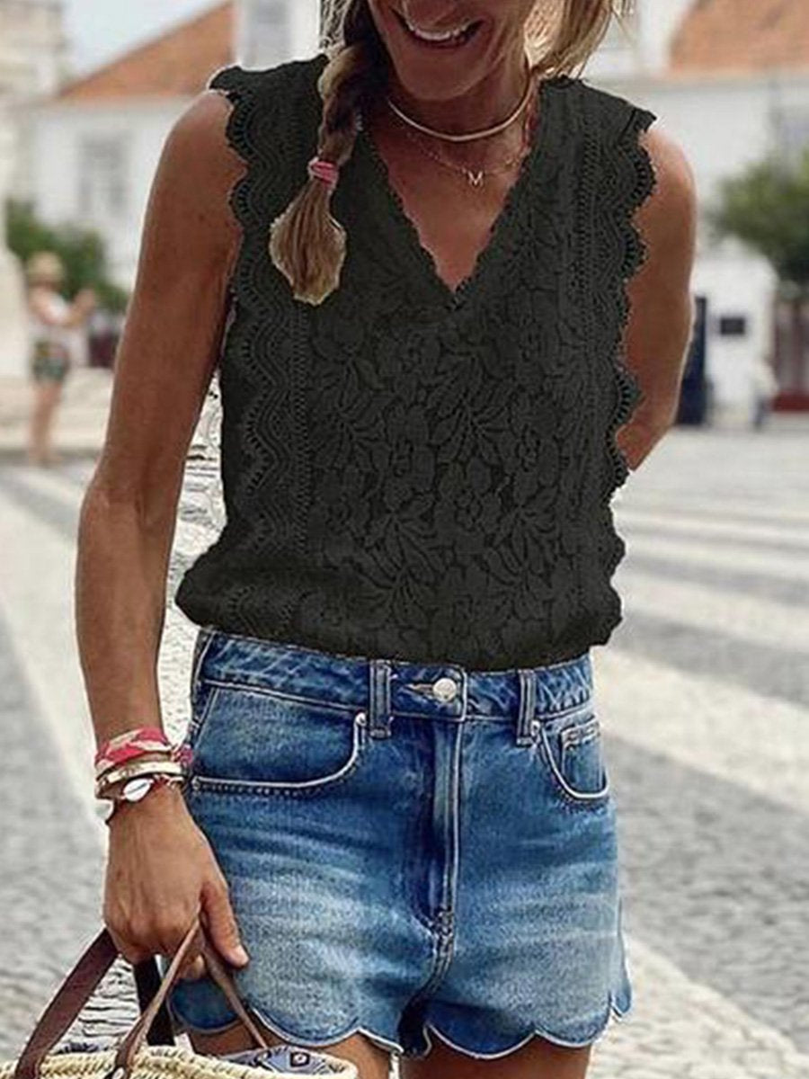 V-neck Solid Sleeveless Lace Tank Top