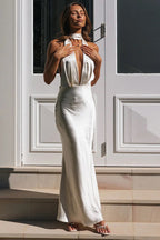 Deep V Neck Halter Open Back White Bridesmaid Maxi Dress